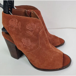 Lucky Brand Women's S 9M Listana Suede Embroidered Peep Toe Burnt Orange Booties